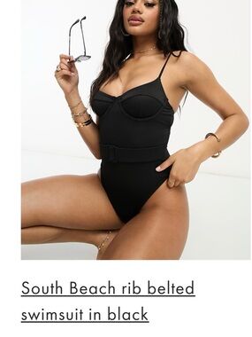 Classic Black Ribbed Belted One-Piece Swimsuit NWT